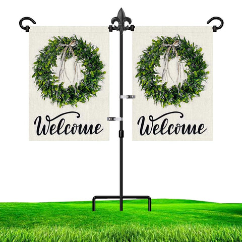 Lairies double-flag stand with fleur-de-lis design for prominent two-flag display in gardens