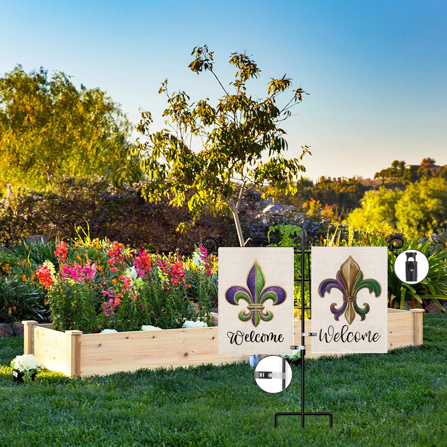 Lairies Fleur De Lis garden flagpole measures 37 in height by 30 in width for versatile yard decor