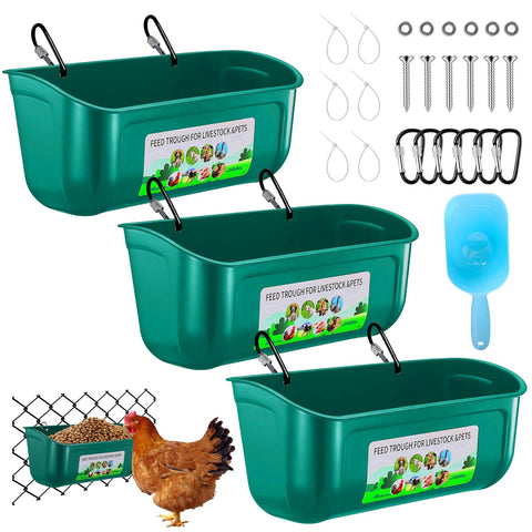 LaJasya 3-pack chicken feeder trough hanging in coop reduces waste.