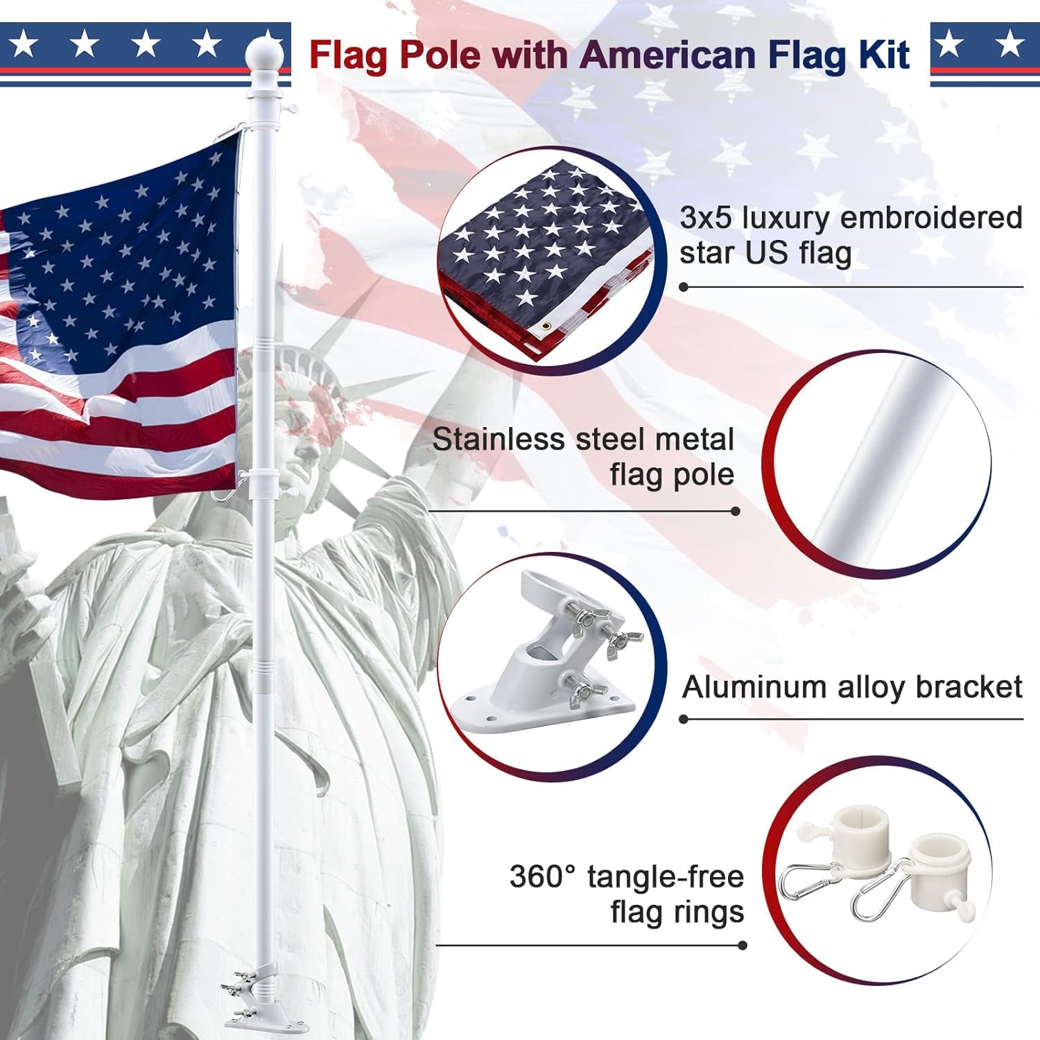LAKEROD US flag embroidered 3x5 enhances exterior with durable stitching.