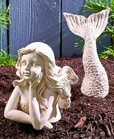 The Lakeside Collection mermaid garden statue tail emerging from soil, coastal yard decor.