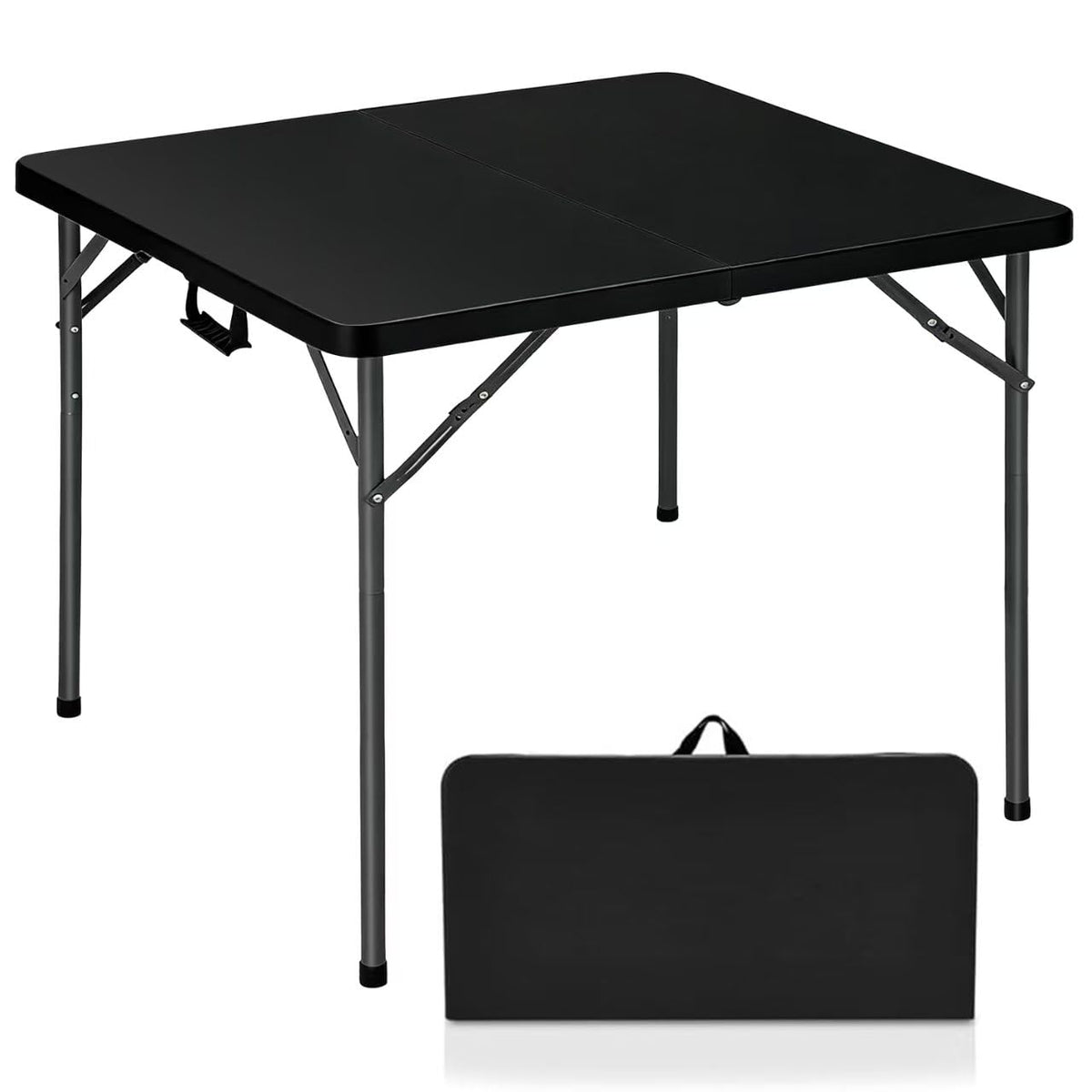 Lakhow 34-inch square folding table open, ideal surface for indoor gatherings.