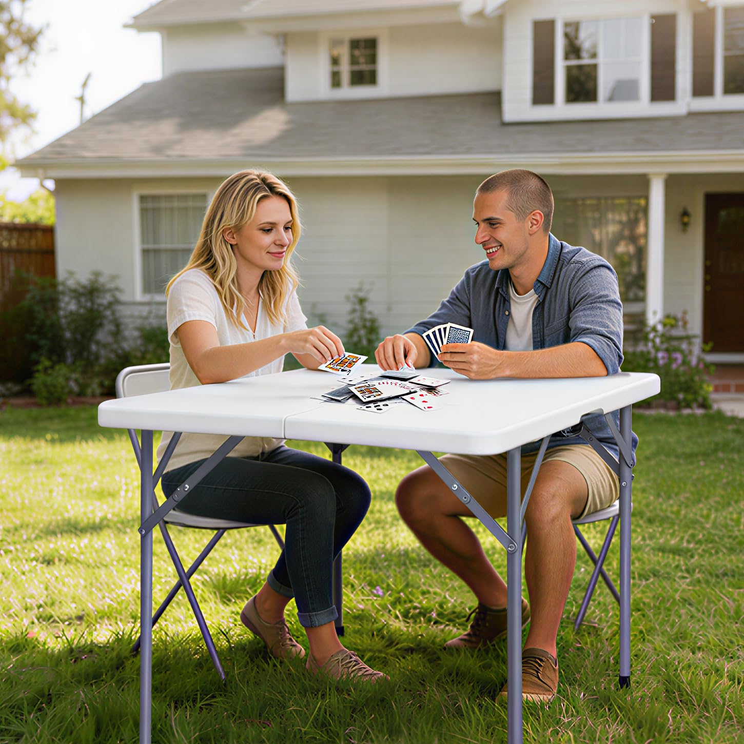 Lakhow 34-inch square table set up outdoors for gatherings.