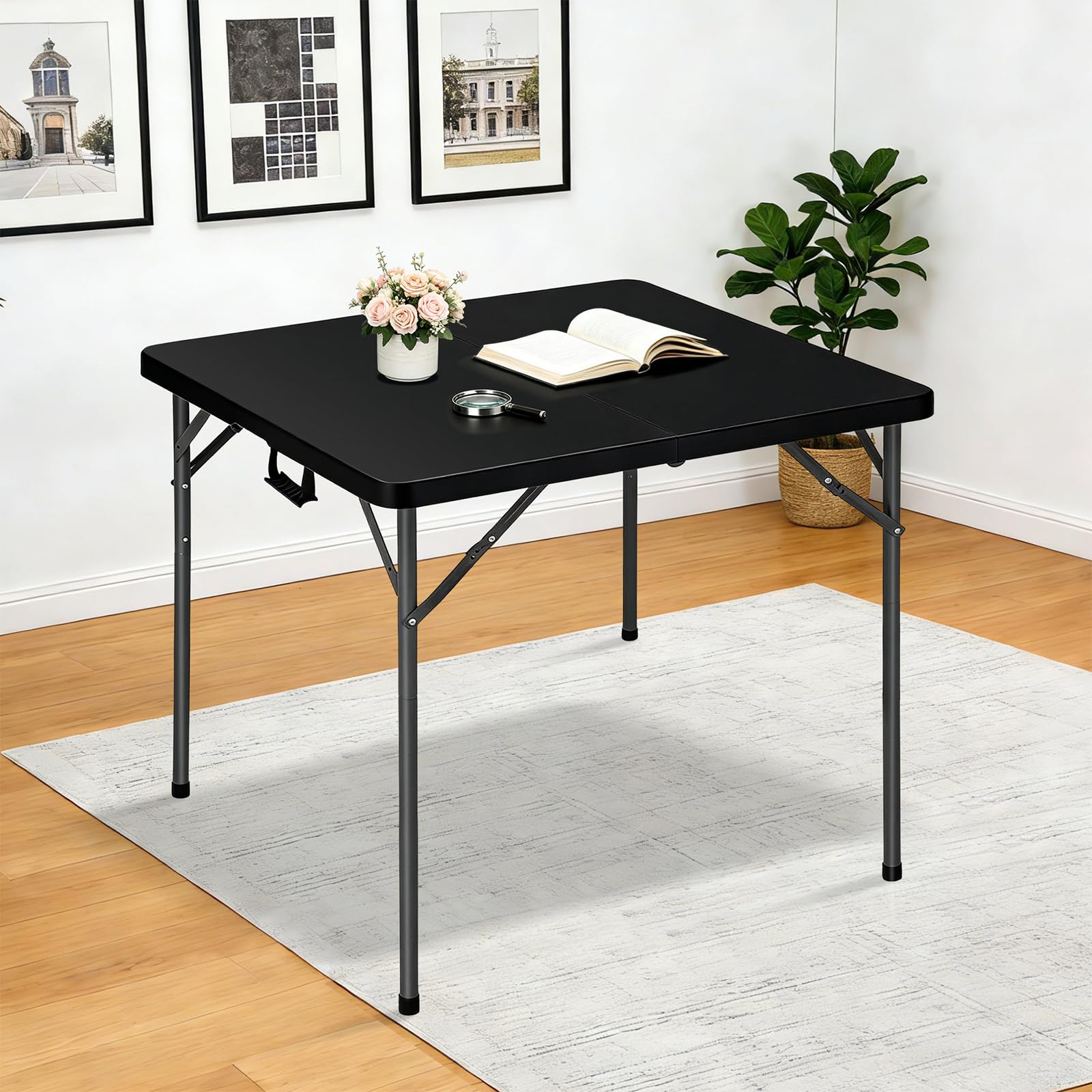 Lakhow folding table with collapsible legs being set up for seating.