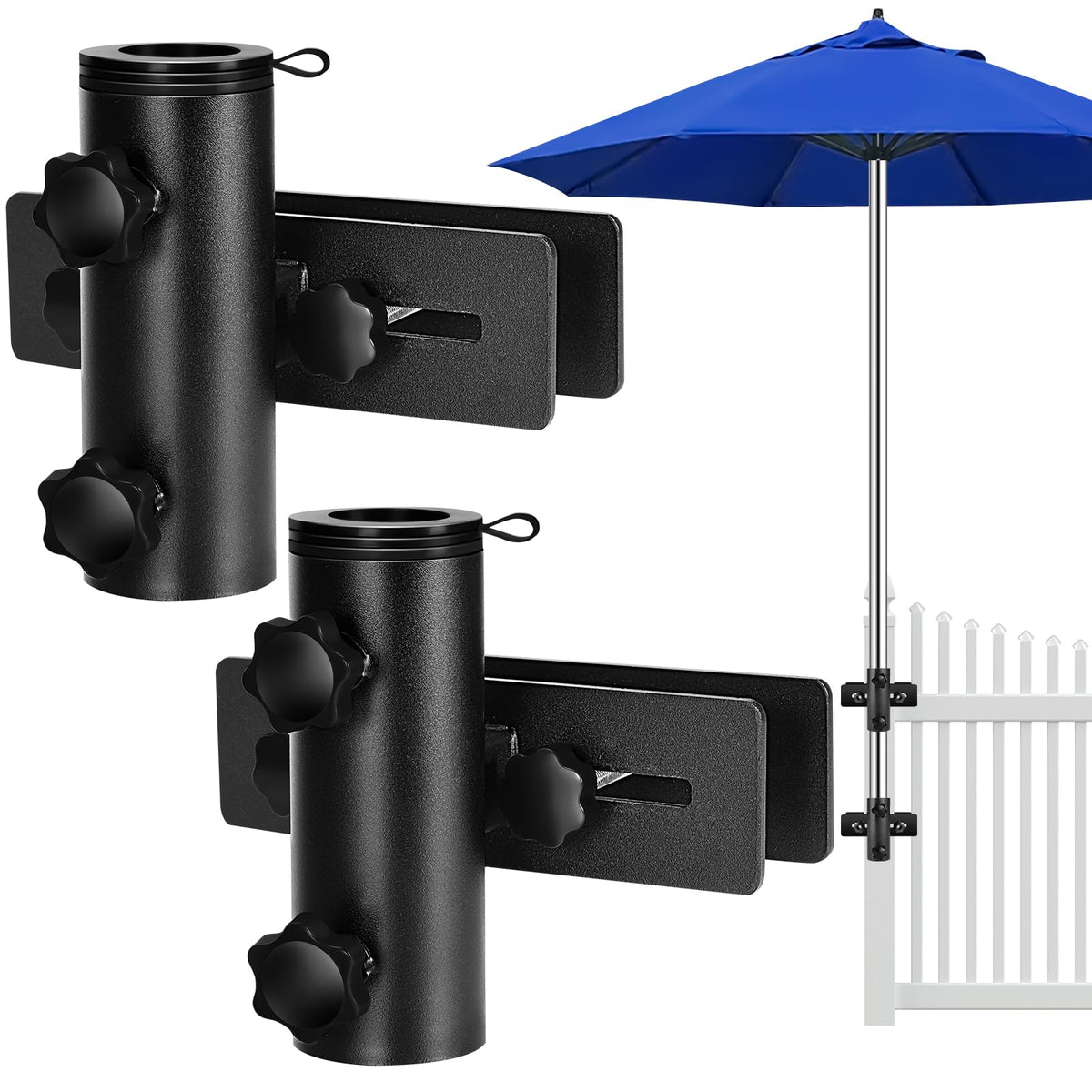 Lalafancy umbrella base mounted on deck railing with adjustable clamp for various pole sizes.