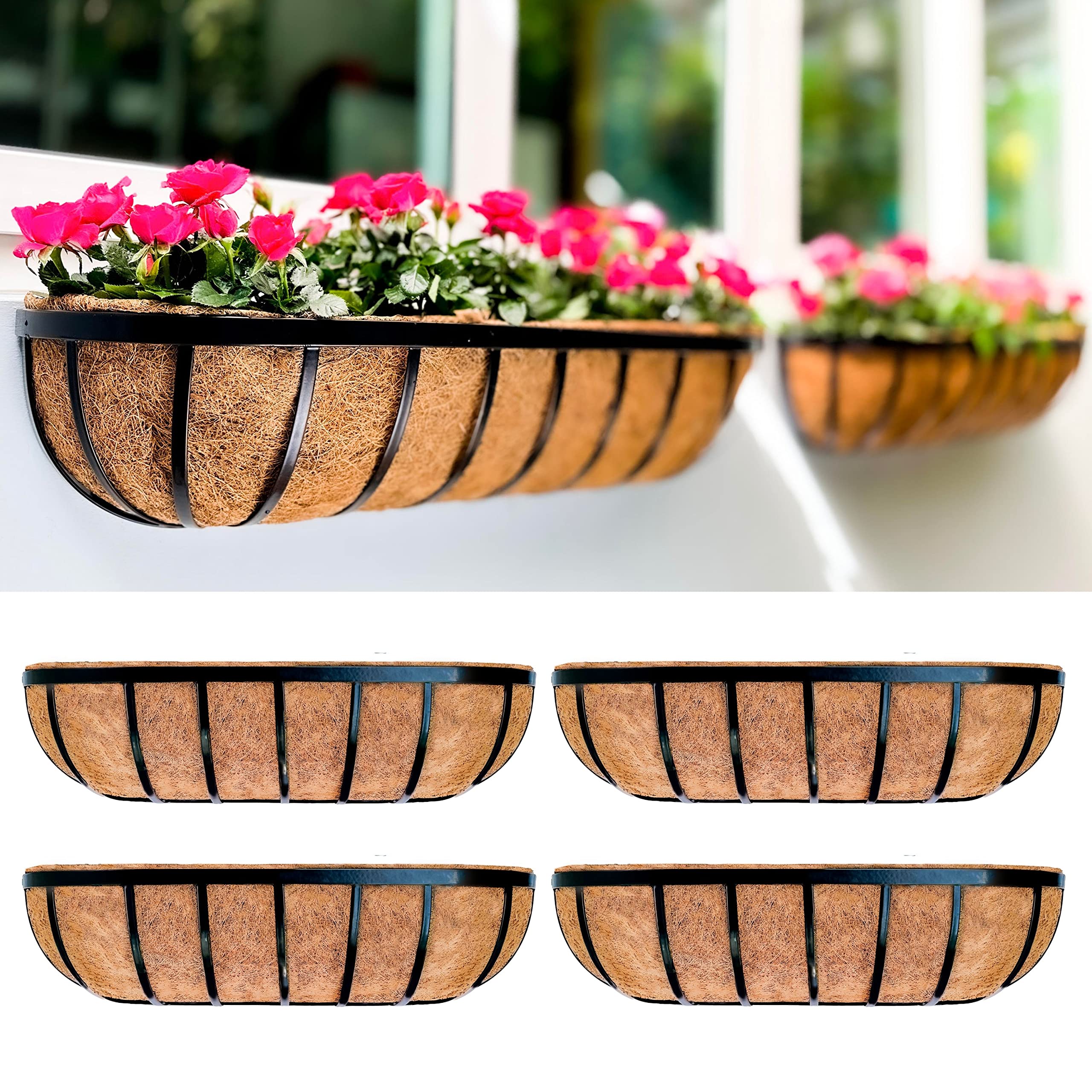 LáLáGreen 24-inch fence planters in black metal with rust-resistant coating for outdoor walls.