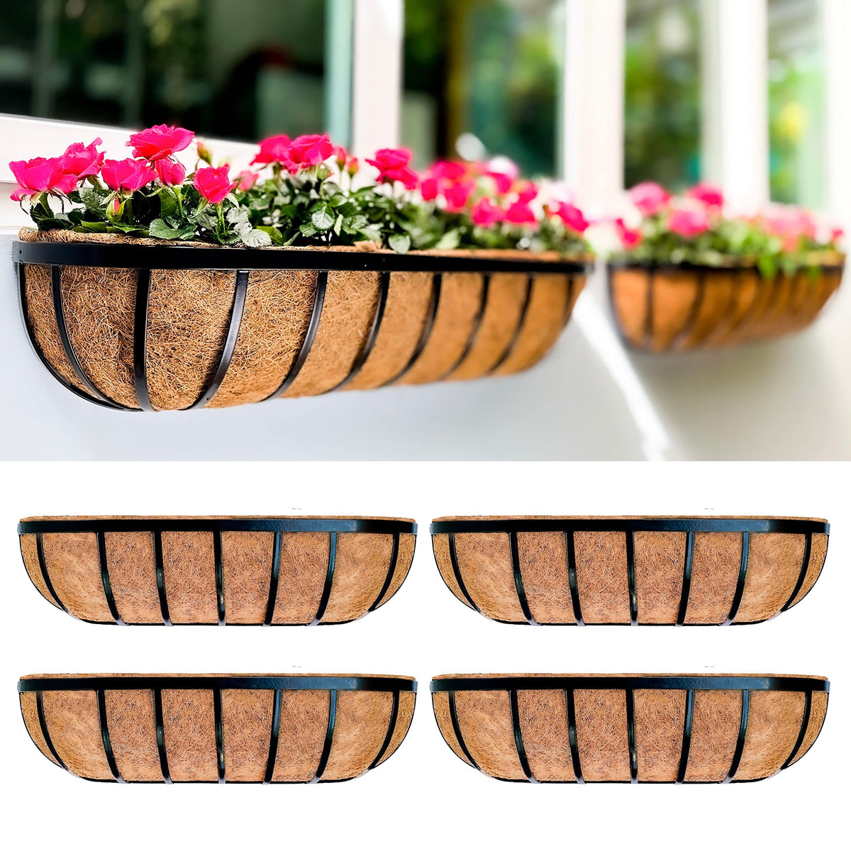 LáLáGreen 24-inch fence planters in black metal with rust-resistant coating for outdoor walls.