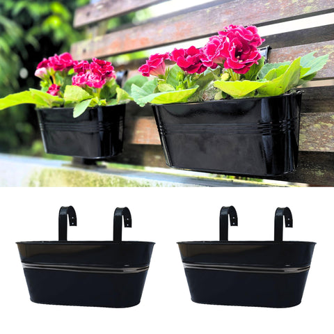 LaLaGreen railing planter in black metal, 11.2 inches, ideal for balcony rail displays.