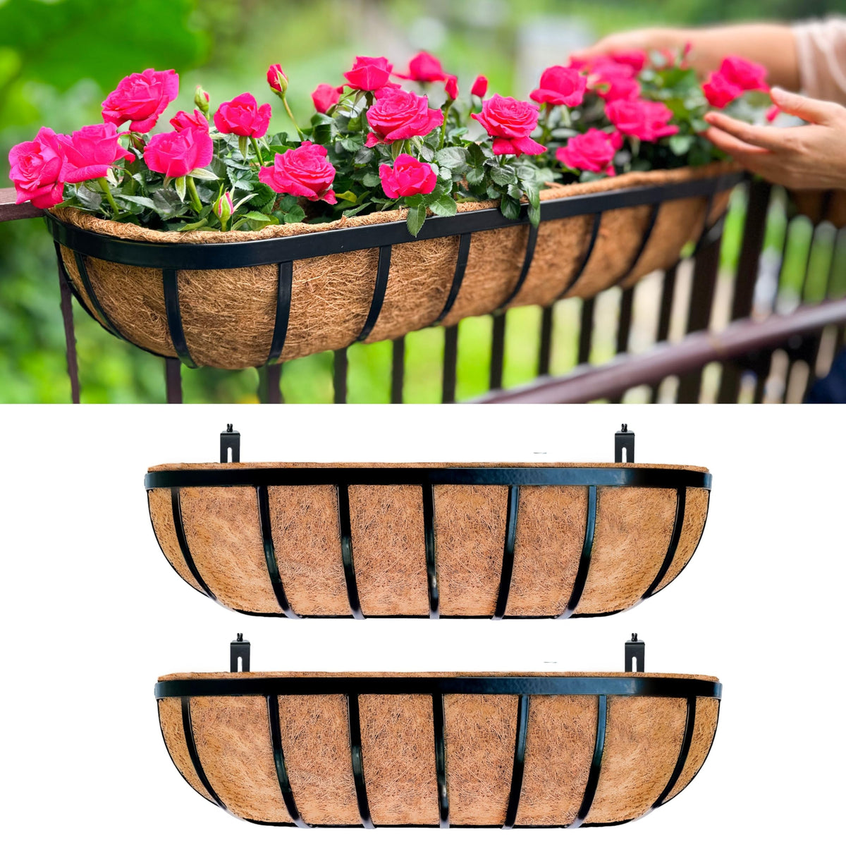 LaLaGreen railing planter box 24-inch black metal with brackets keeps balcony plants sturdy.