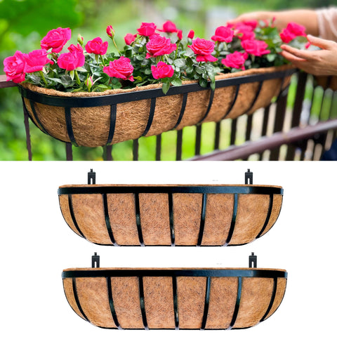 LaLaGreen railing planter box 24-inch black metal with brackets keeps balcony plants sturdy.