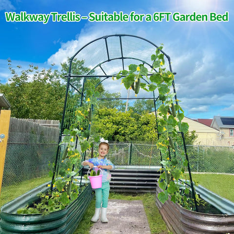Lalahoni garden arch trellis side view highlights adjustable base width for flexible placement.