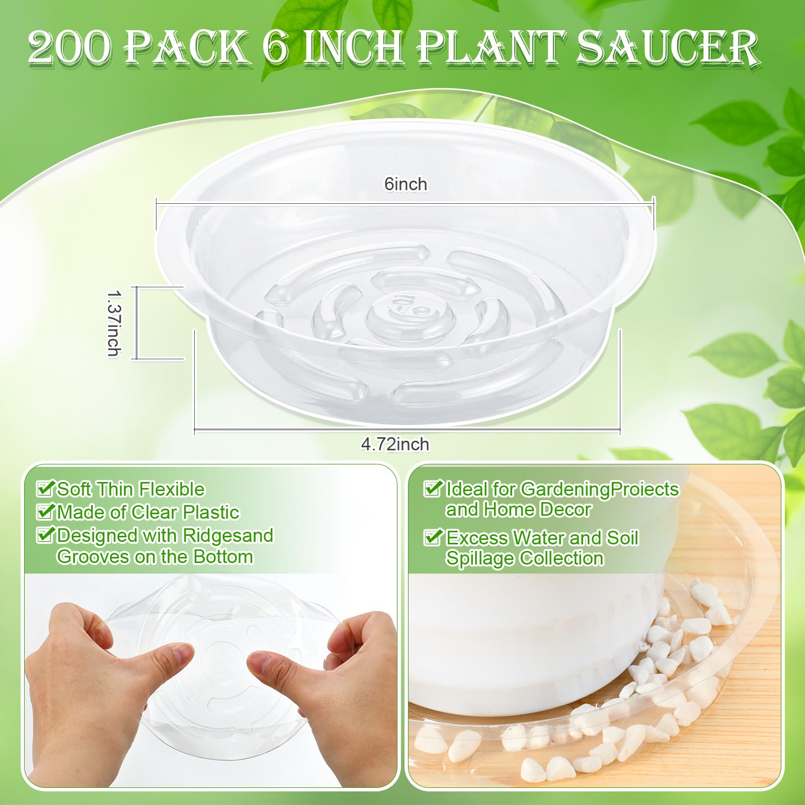 Lallisa 6-inch clear plastic saucer shows grooved bottom for airflow.