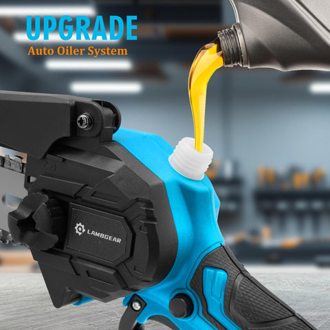 Lambgear cordless chainsaw with two batteries enabling extended pruning sessions