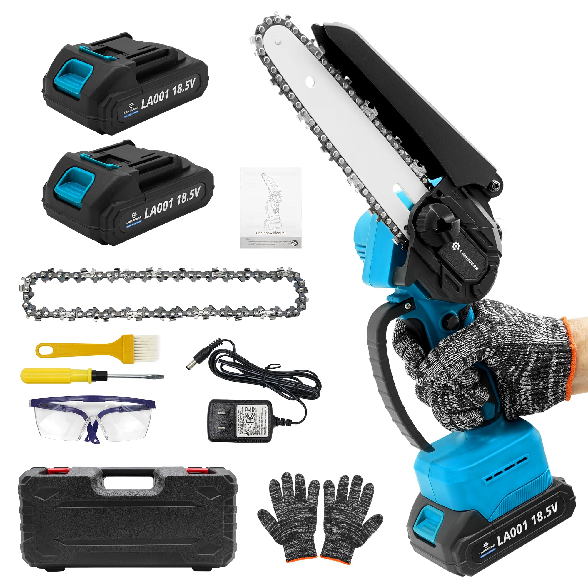 Lambgear mini chainsaw performing a precise 6-inch cut for pruning