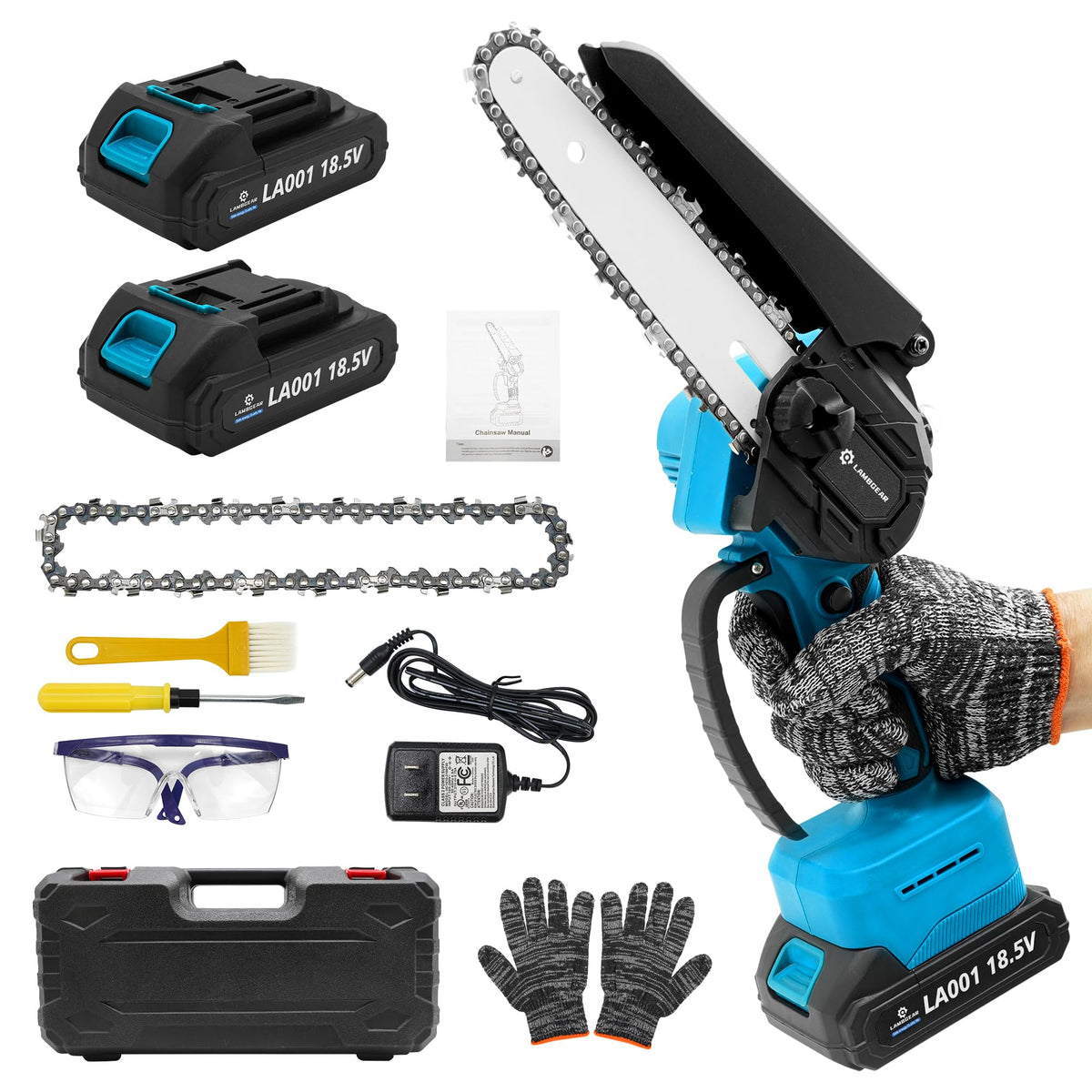 Lambgear mini chainsaw performing a precise 6-inch cut for pruning