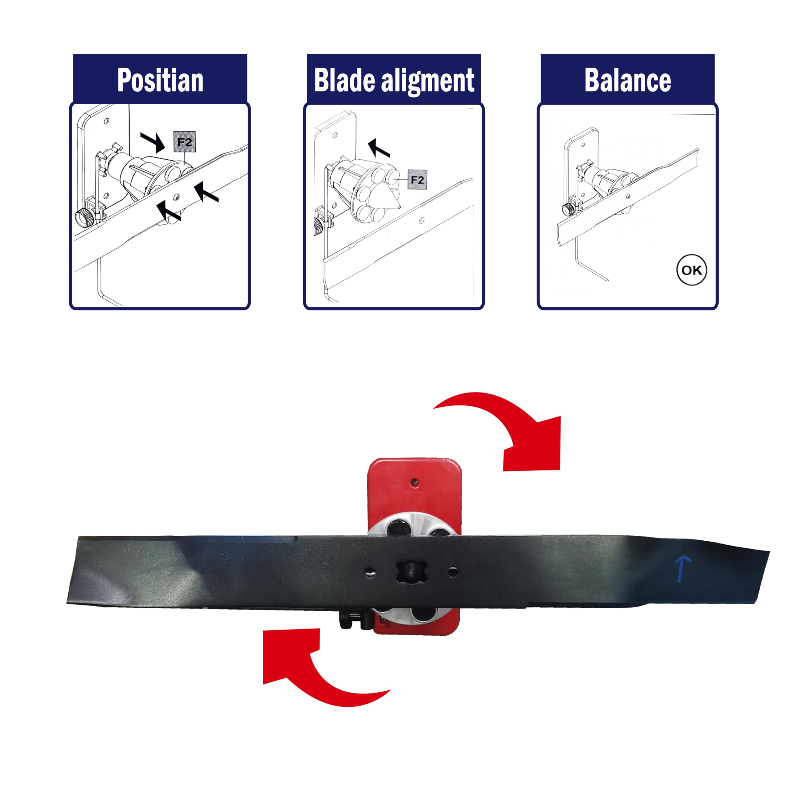 Close-up view of LAMBIS balance balancer in use on a mower blade.