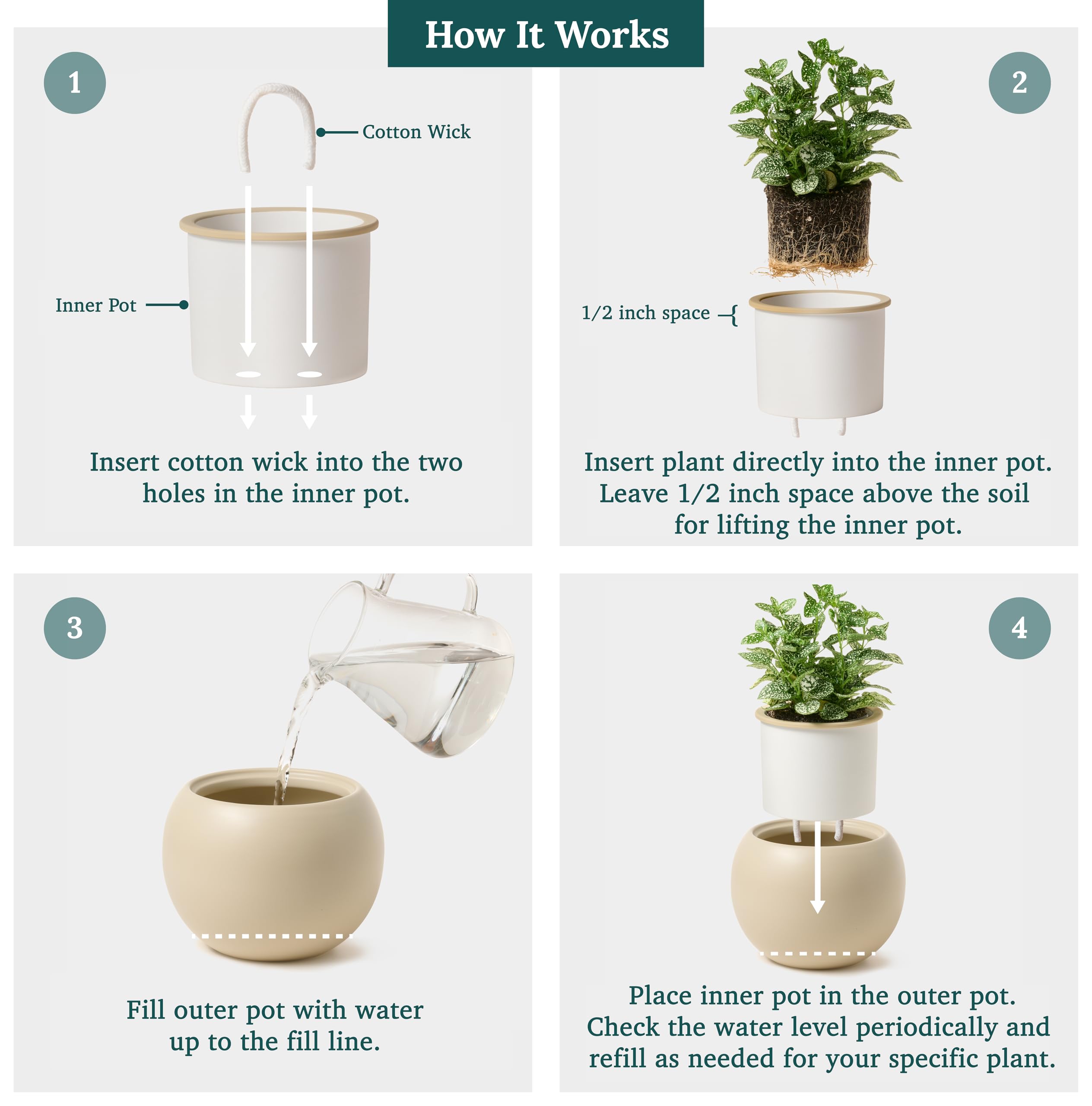 LAMENICO self-watering pot water reservoir demonstration for steady hydration.