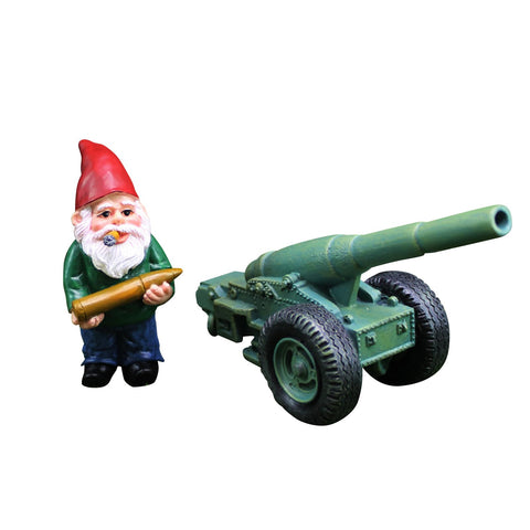 Lamnes garden gnome with cannon cart adds playful charm to yards and patios.
