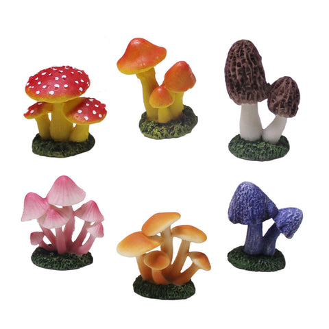 Lamnes mini resin mushroom figurines in bright colors for fairy garden decor.