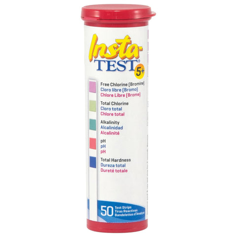 LaMotte Insta-Test 5 strip dipped for a fast pool water quality check.