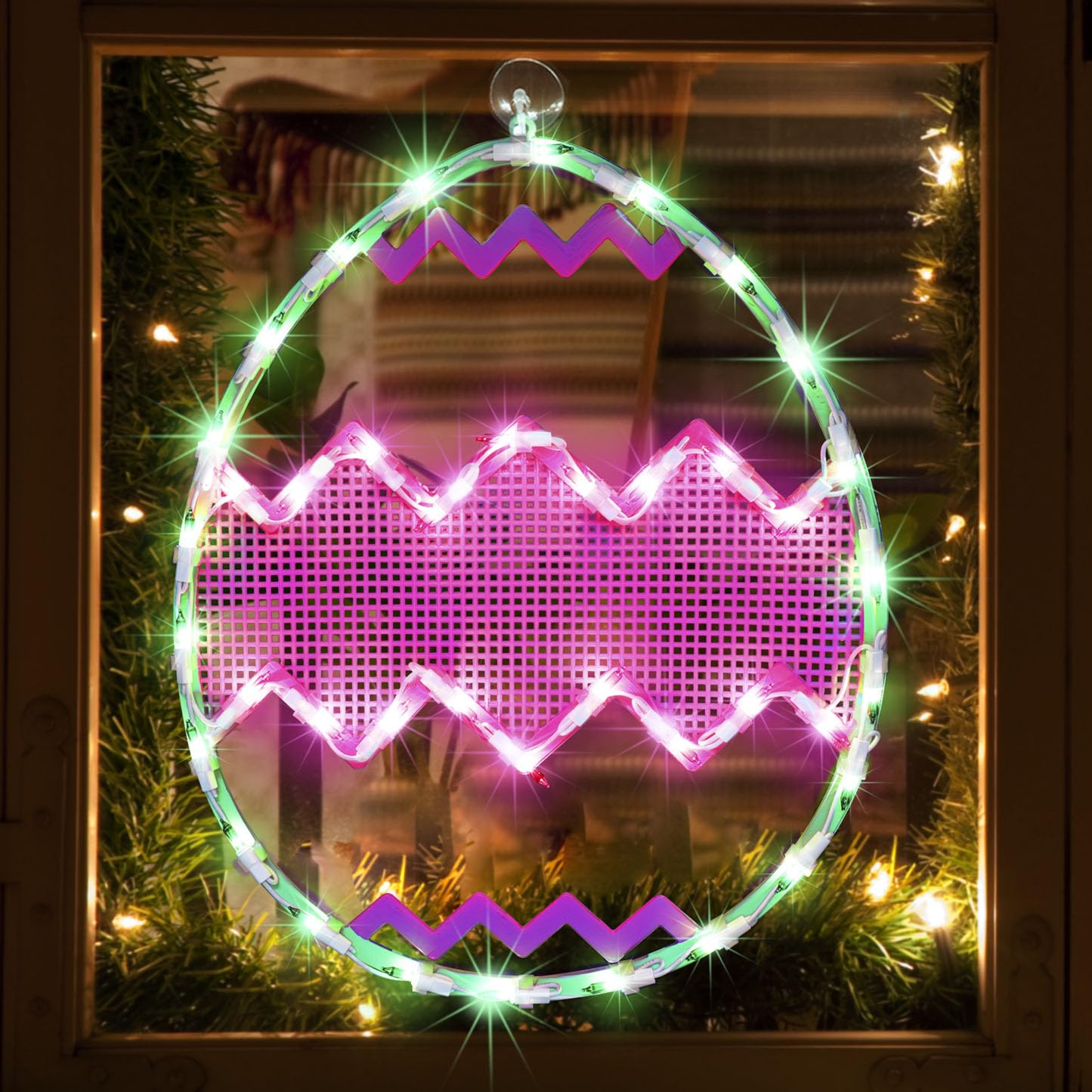 LAMPHOME Easter egg window silhouette in green with pink chevron for festive decor.