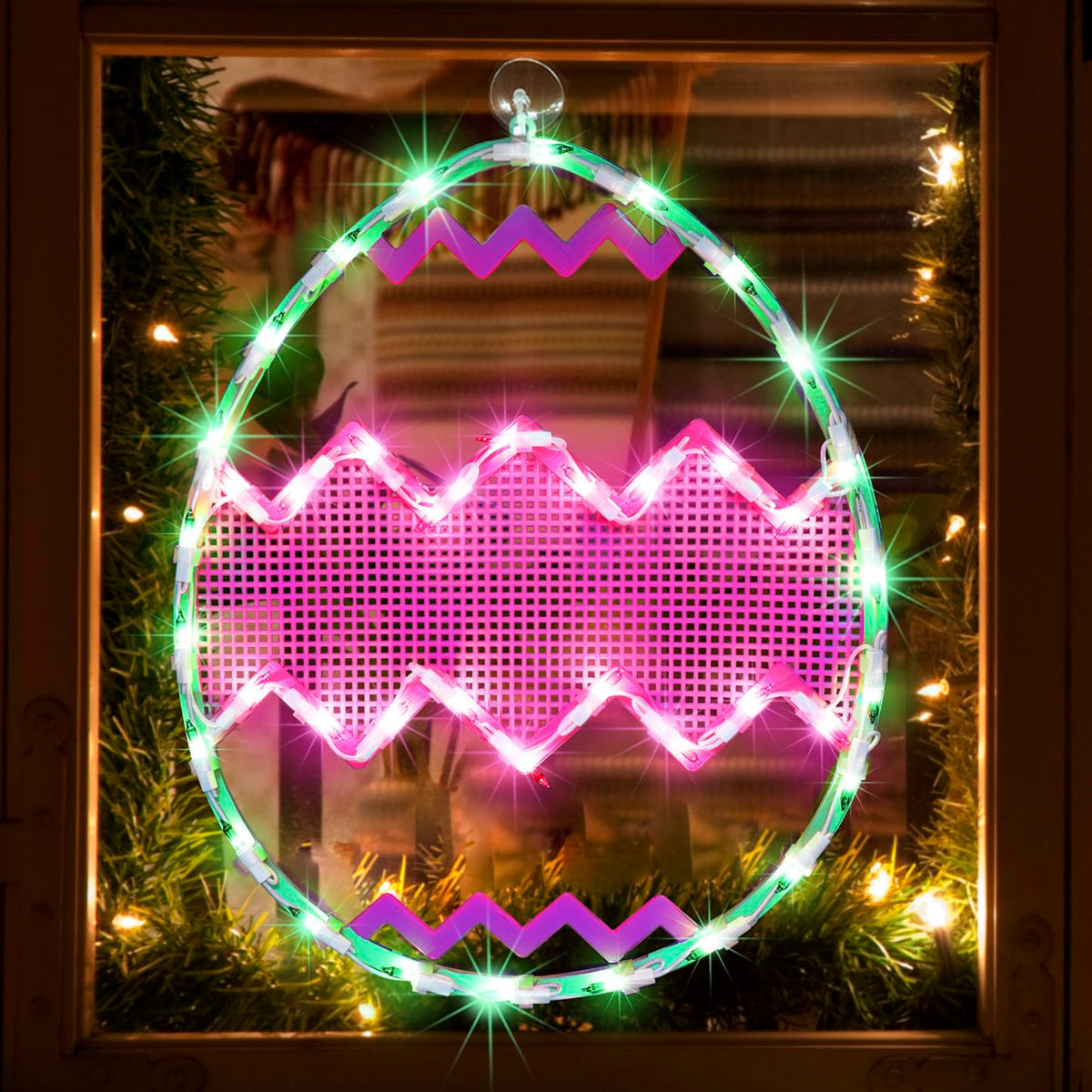 LAMPHOME Easter egg window silhouette in green with pink chevron for festive decor.