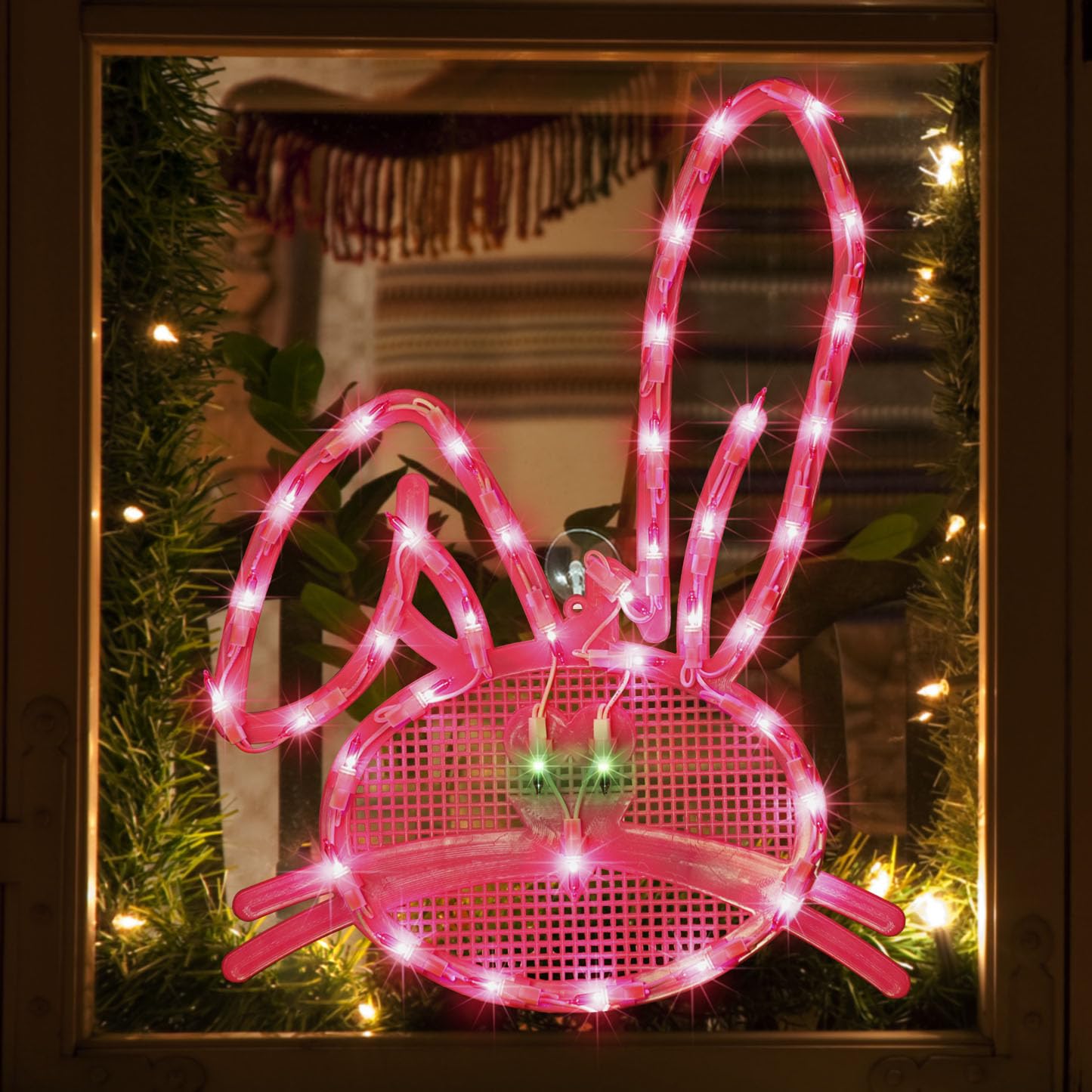 LAMPHOME pink bunny head window silhouette lit for festive ambiance