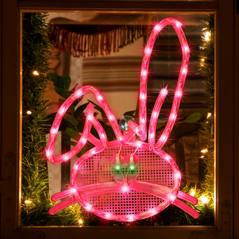LAMPHOME pink bunny head window silhouette lit for festive ambiance
