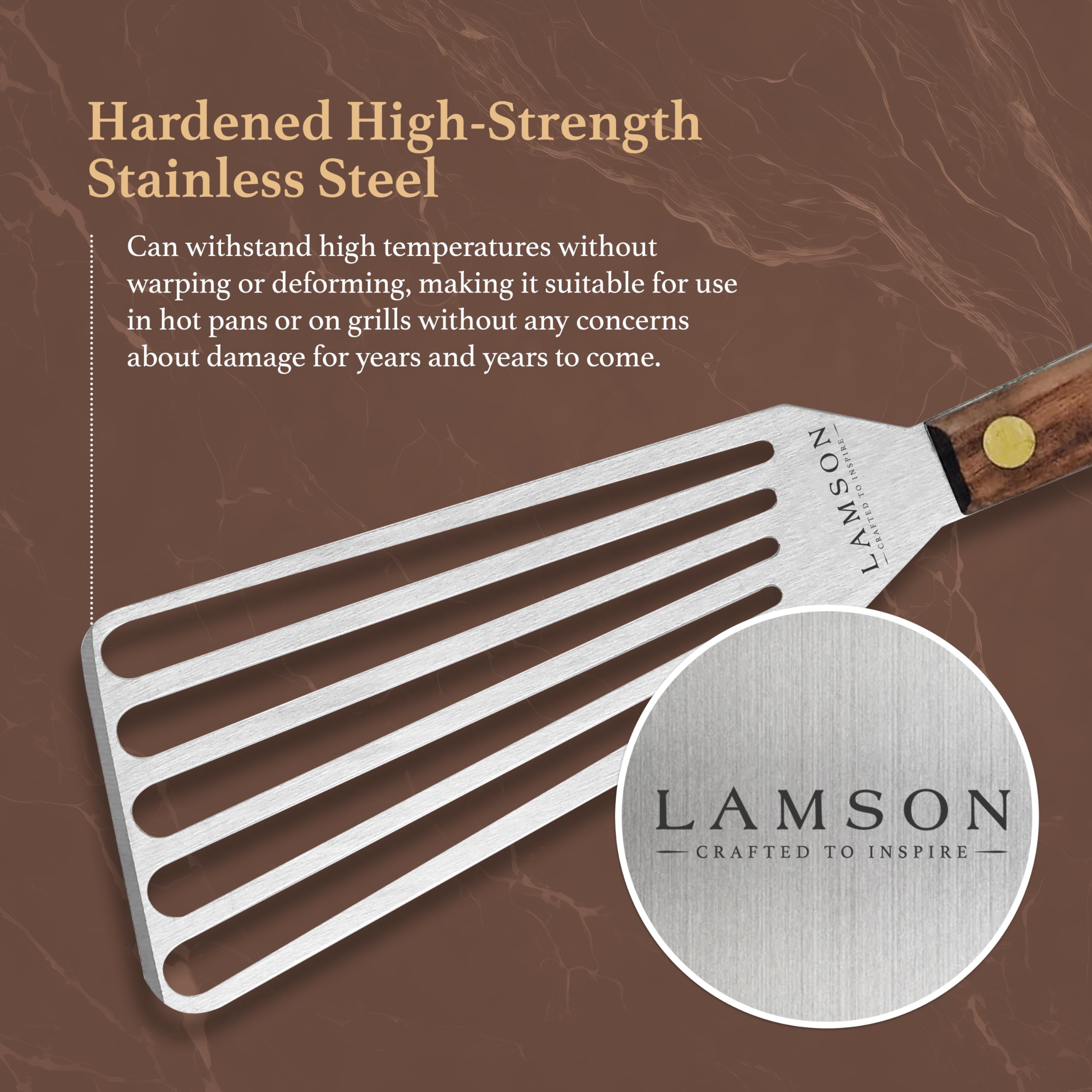 Close-up of Lamson full-tang spatula with brass rivets for durability.
