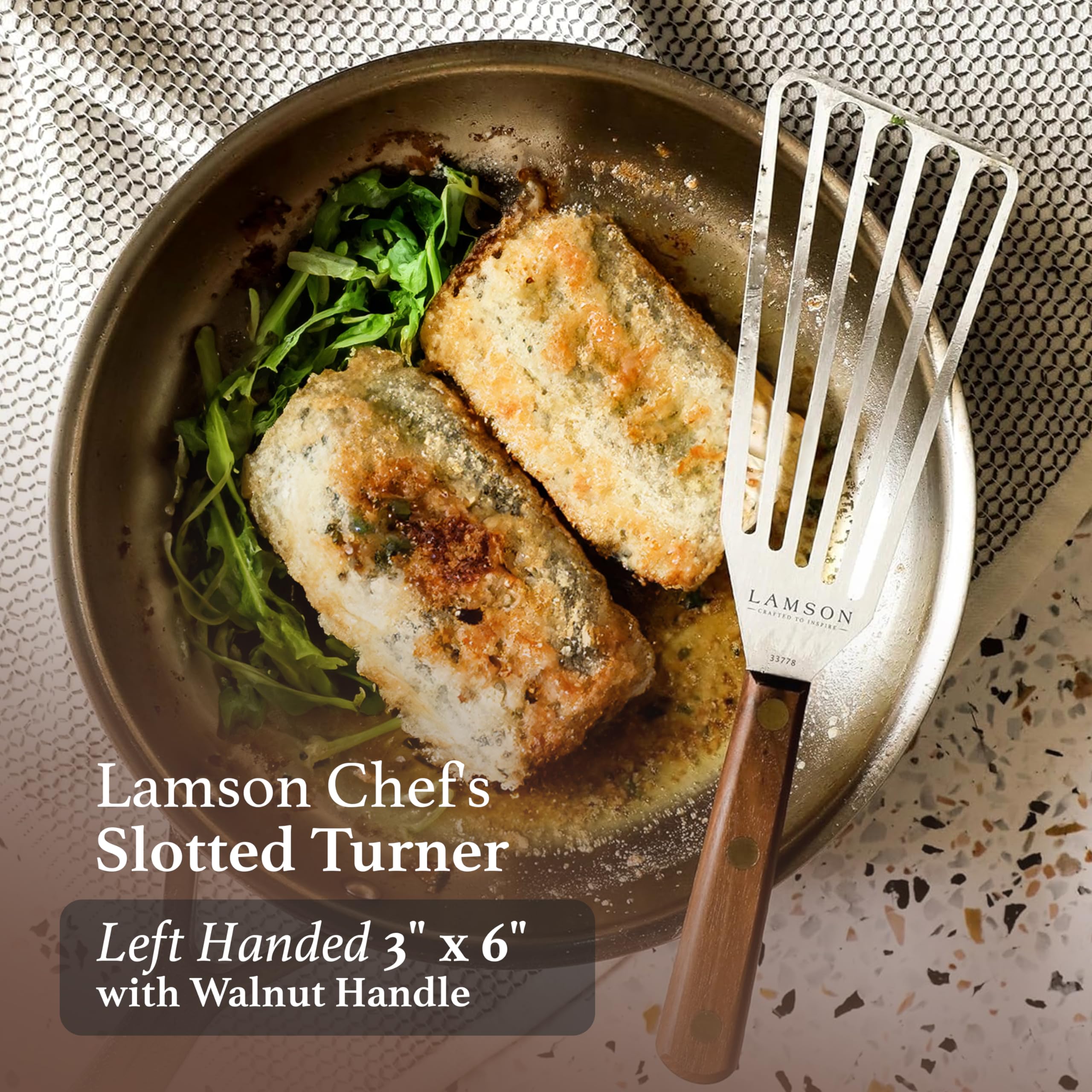 Lamson left-hand slotted turner, comfortable grip for precise flips.