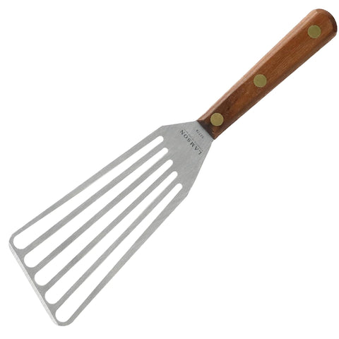 Lamson slotted turner with stainless blade and walnut handle, ideal for delicate fish.