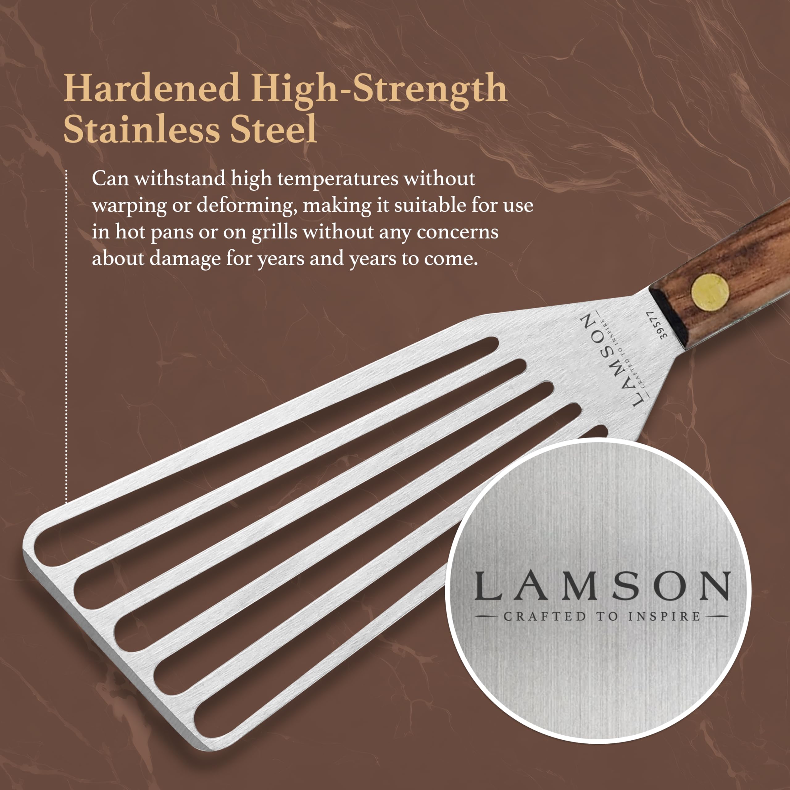 Lamson spatula brass rivets securing the handle for reliable daily use
