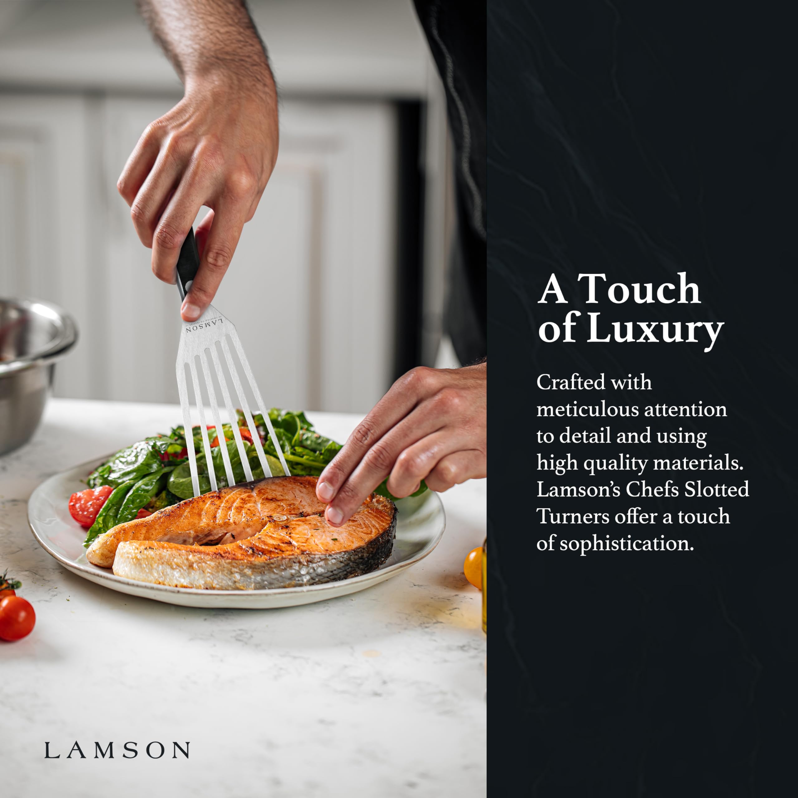Lamson spatula slots drain liquid when cooking eggs and vegetables