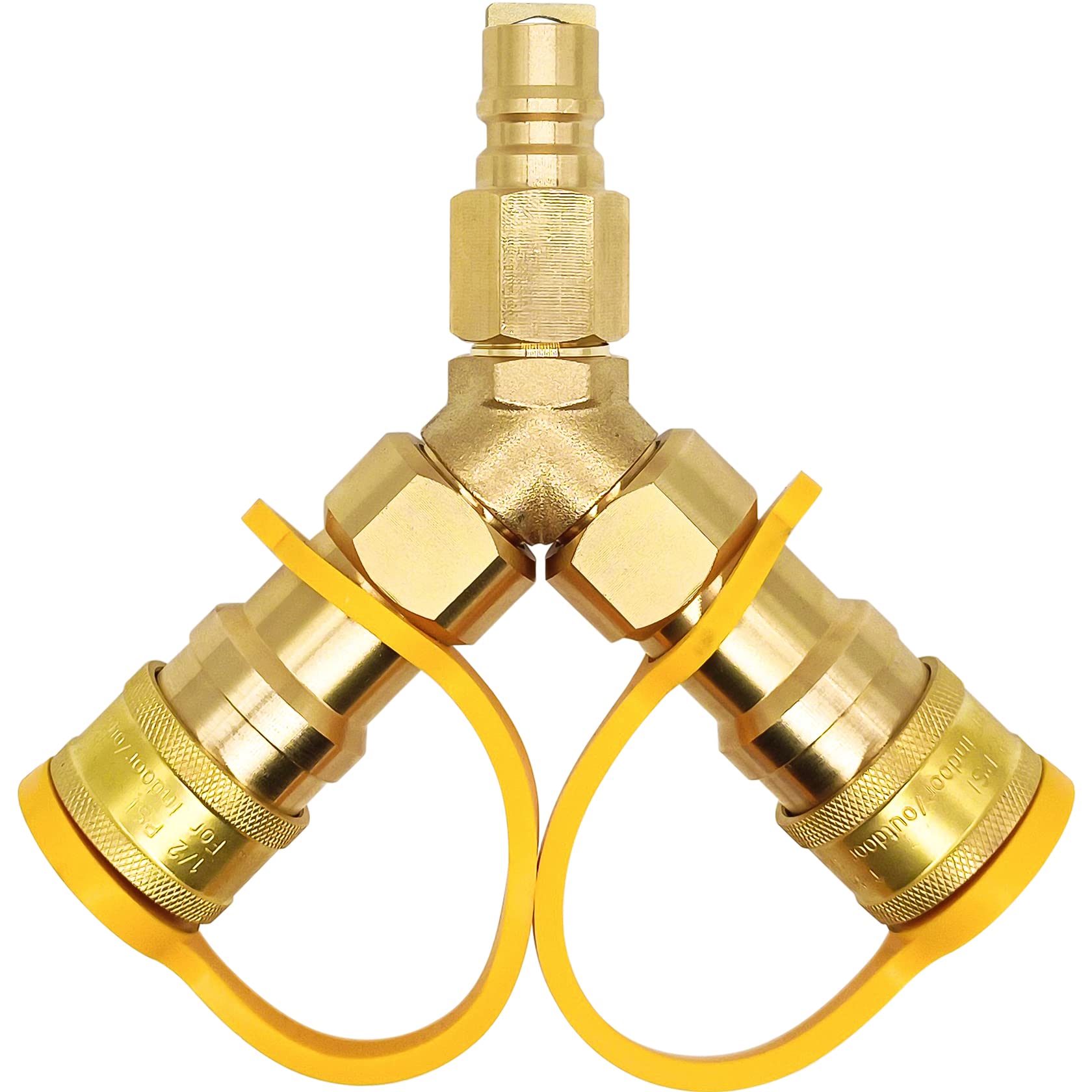 Lamudo natural gas Y-splitter, dual hoses for two devices outdoors.