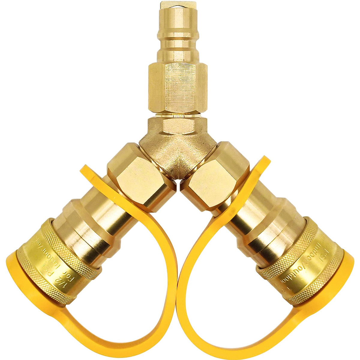 Lamudo natural gas Y-splitter, dual hoses for two devices outdoors.