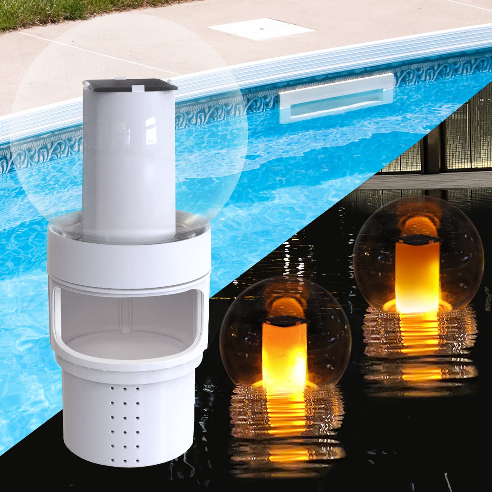 LanBlu pool chlorine floater with solar flame light glows at night while maintaining clean water