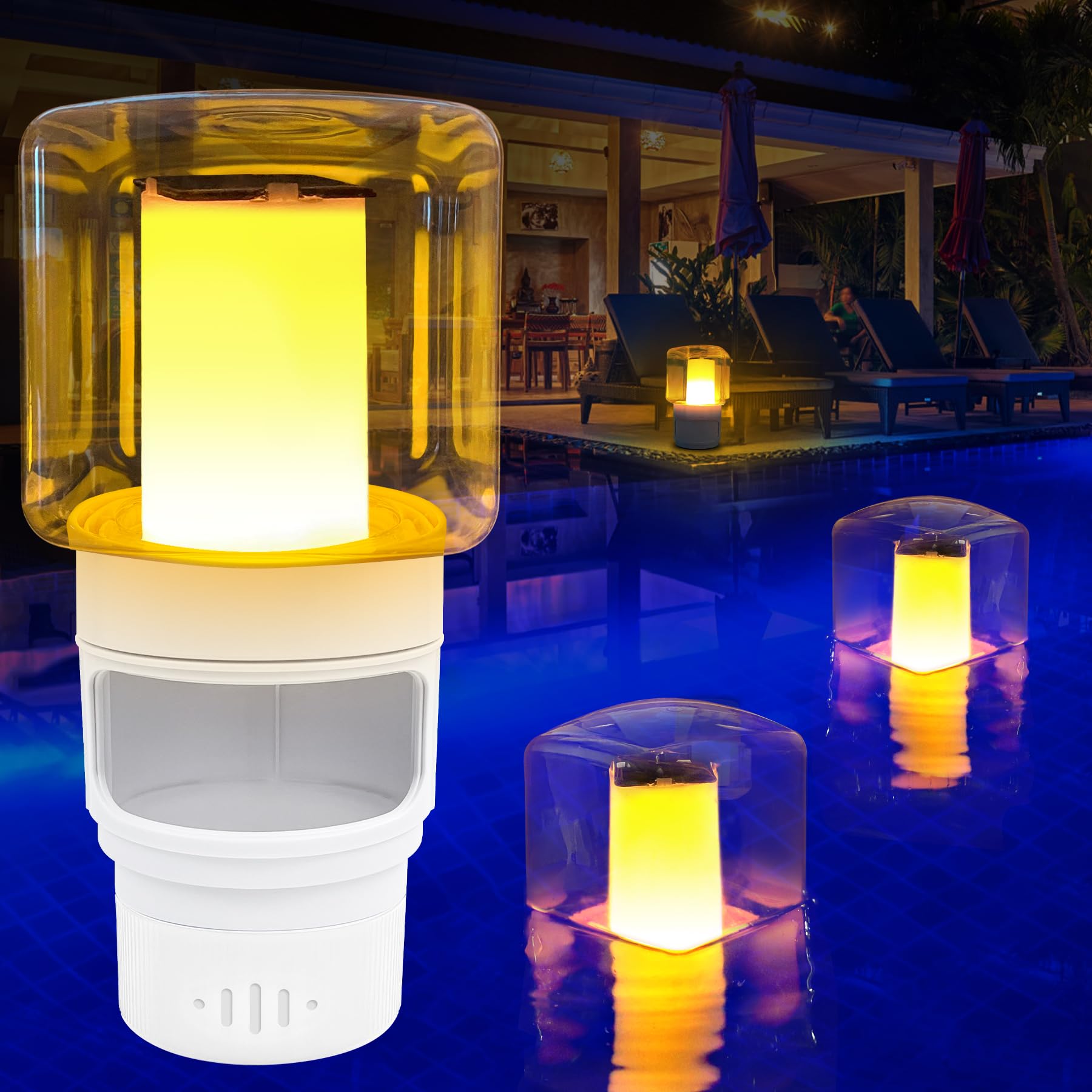 LanBlu solar pool chlorine floater glows at night for easy night-time chlorination.