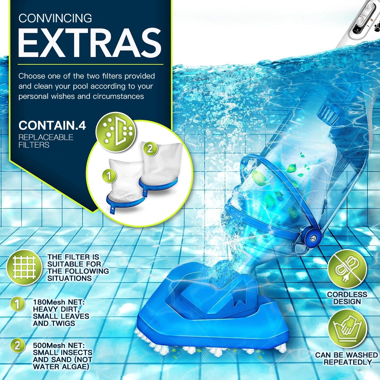 LANCHEZ dual brush heads provide full-coverage pool cleaning.