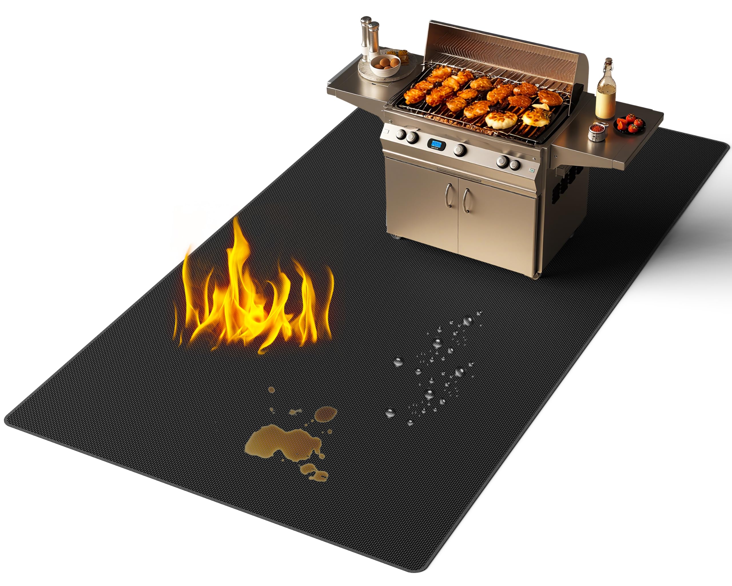 Lancryen thickened under grill mat protecting a large deck area and catching spills.