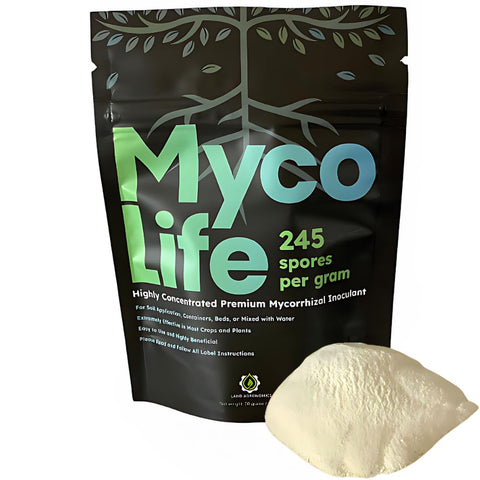 Land Agronomics MycoLife bottle pour showing easy application and nutrient uptake support.