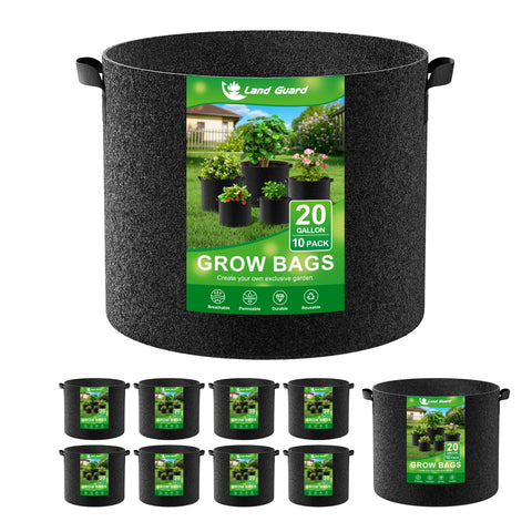 Land Guard 10-pack fabric grow bags with sturdy handles for easy transport.
