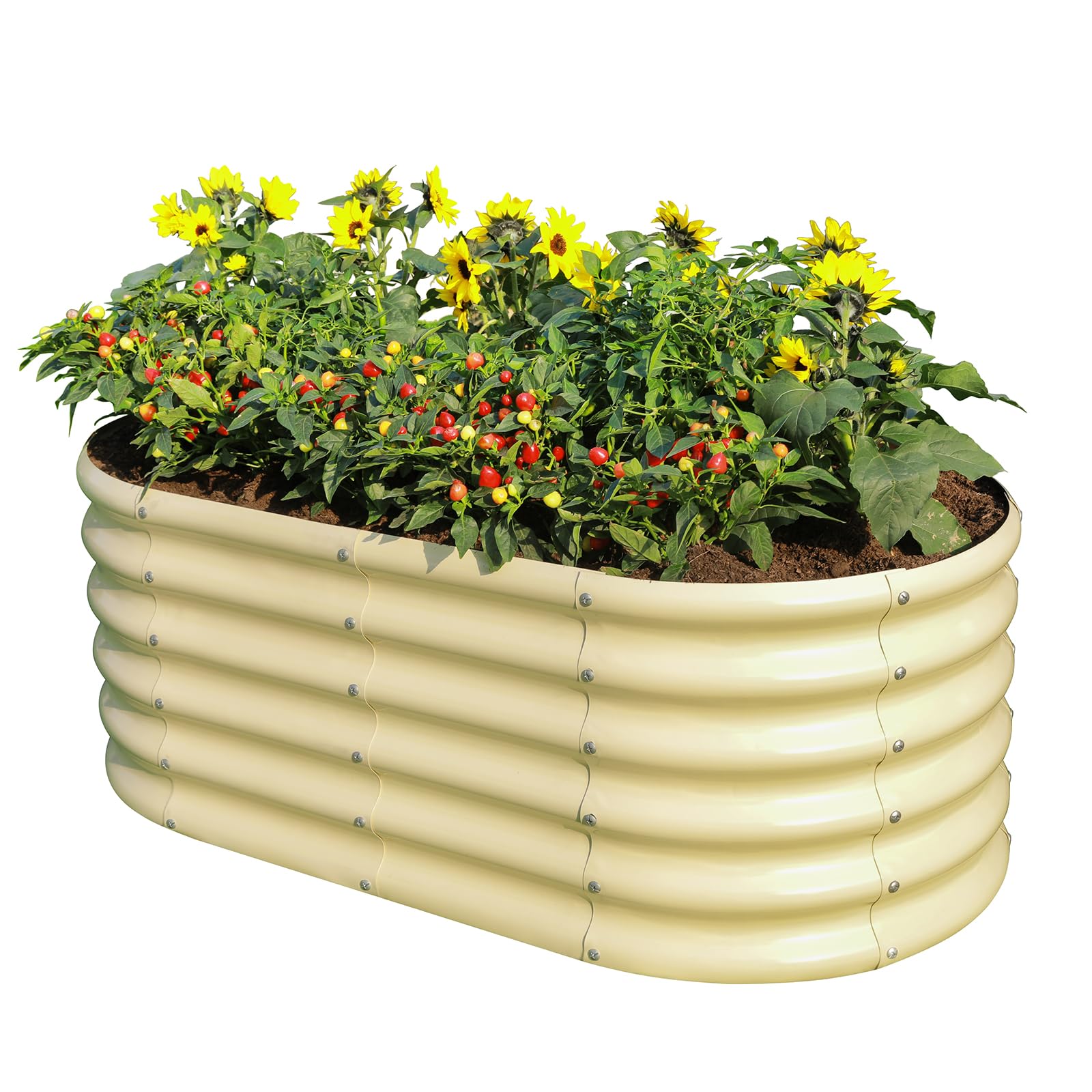 Land Guard 18-inch tall oval raised bed with ample soil for robust vegetables