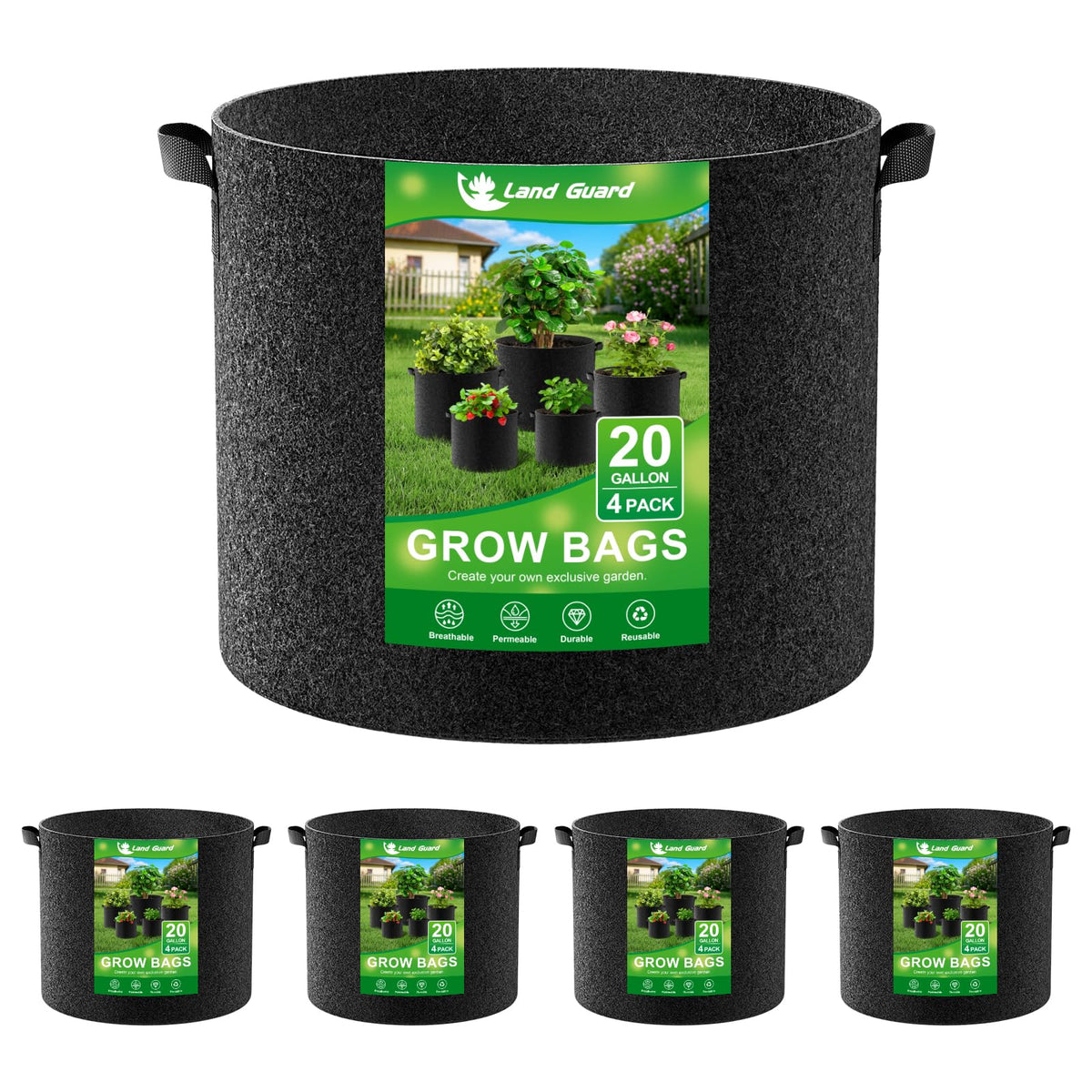 Land Guard 4-pack 20-gallon grow bags with handles for easy garden mobility.