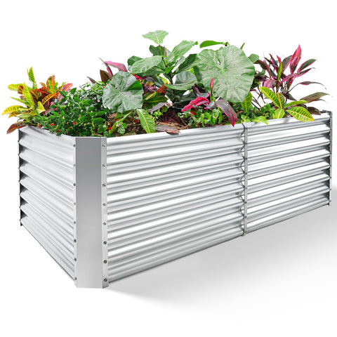 Land Guard 8x4x2 ft galvanized bed assembled for easy outdoor gardening and soil retention.