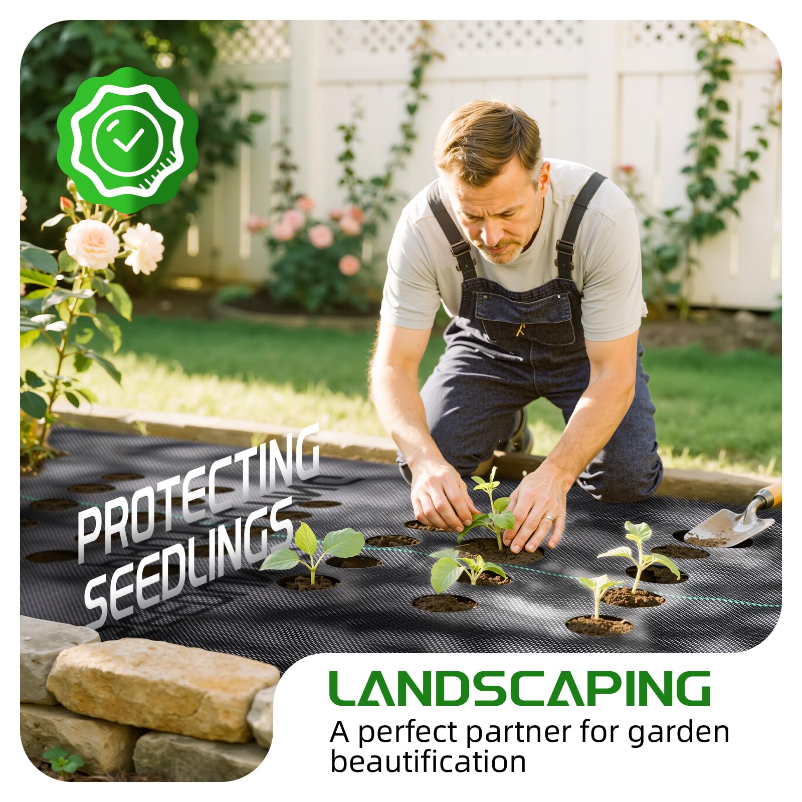 Land Guard alignment stripe fabric simplifies planting and trimming processes.