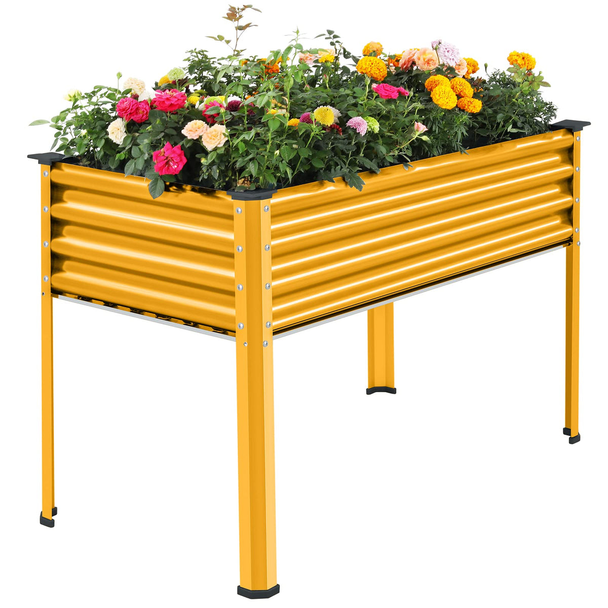 Land Guard galvanized raised bed with legs in yellow; sturdy leg support for stability.
