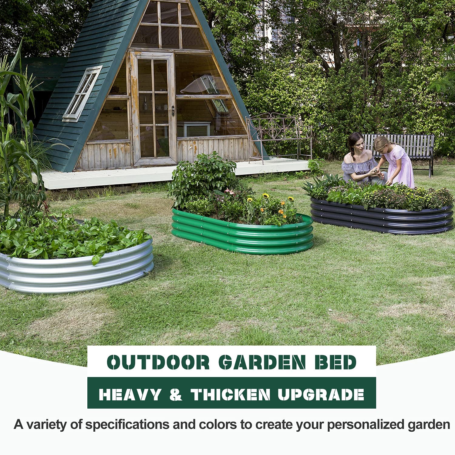 Land Guard blue galvanized raised bed side view showing oval shape