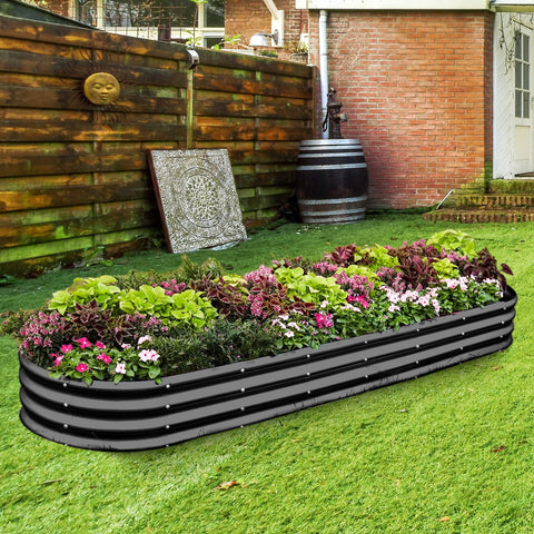 Land Guard gray outdoor bed shown with vegetables in a neat arrangement.