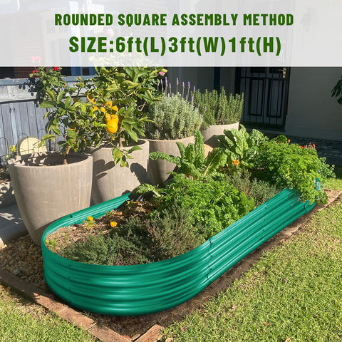 Green galvanized finish on Land Guard raised bed blends with outdoor spaces