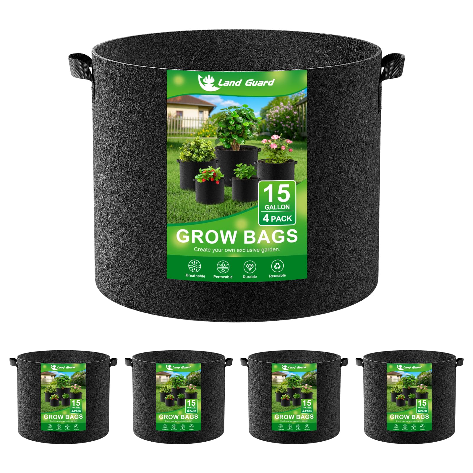Land Guard grow bags 15 gal highlight flexible fabric and easy portability for containers.